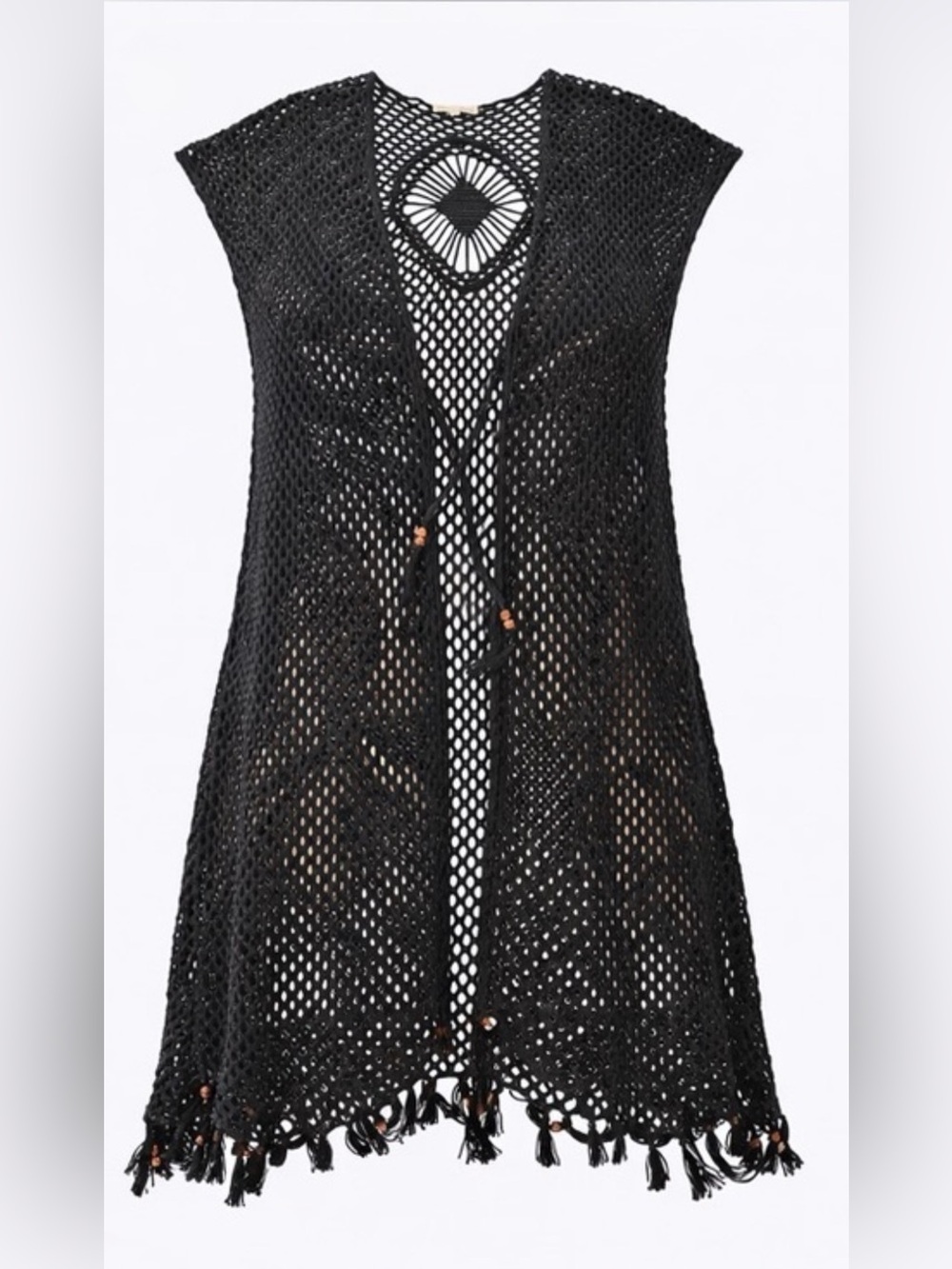 Boho Black Crochet Mesh Kimono Cover-Up Tassel Hem Plus Size 2X‎ - Picture 4 of 14
